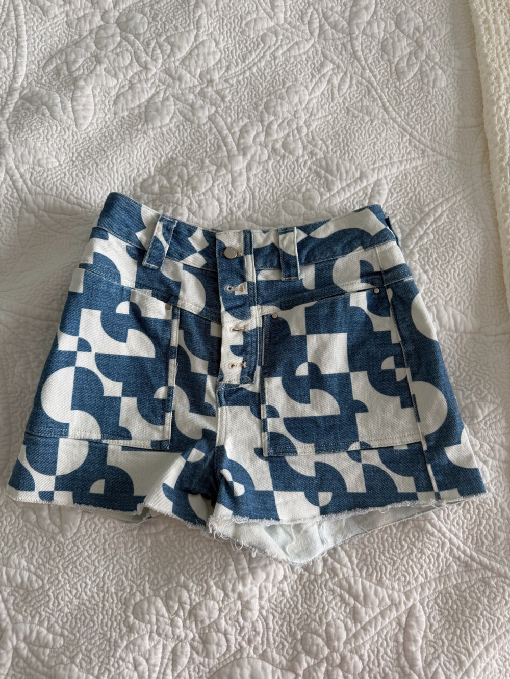 ba&sh Blue and White Graphic Denim Shorts
